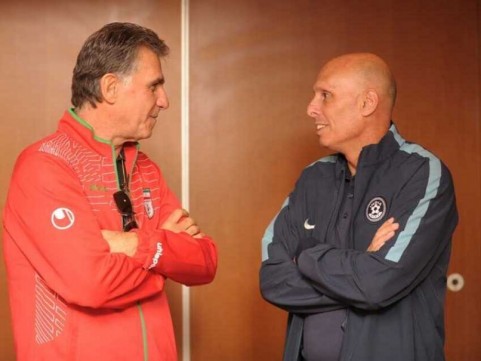 india iran football coachesCarlos Queiroz and Stephen Constantine share a light moment off the field. (Image credit: AIFF Media)